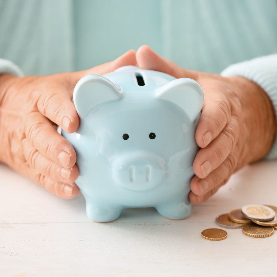Eine ältere Person hält ein blaues kleines Sparschwein in den Händen. Neben dem Sparschein liegen ein paar Münzen auf dem Tisch.